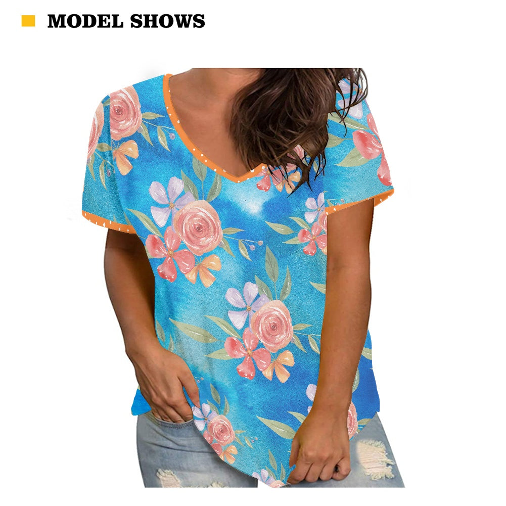 Peach Floral Women's V-neck Top