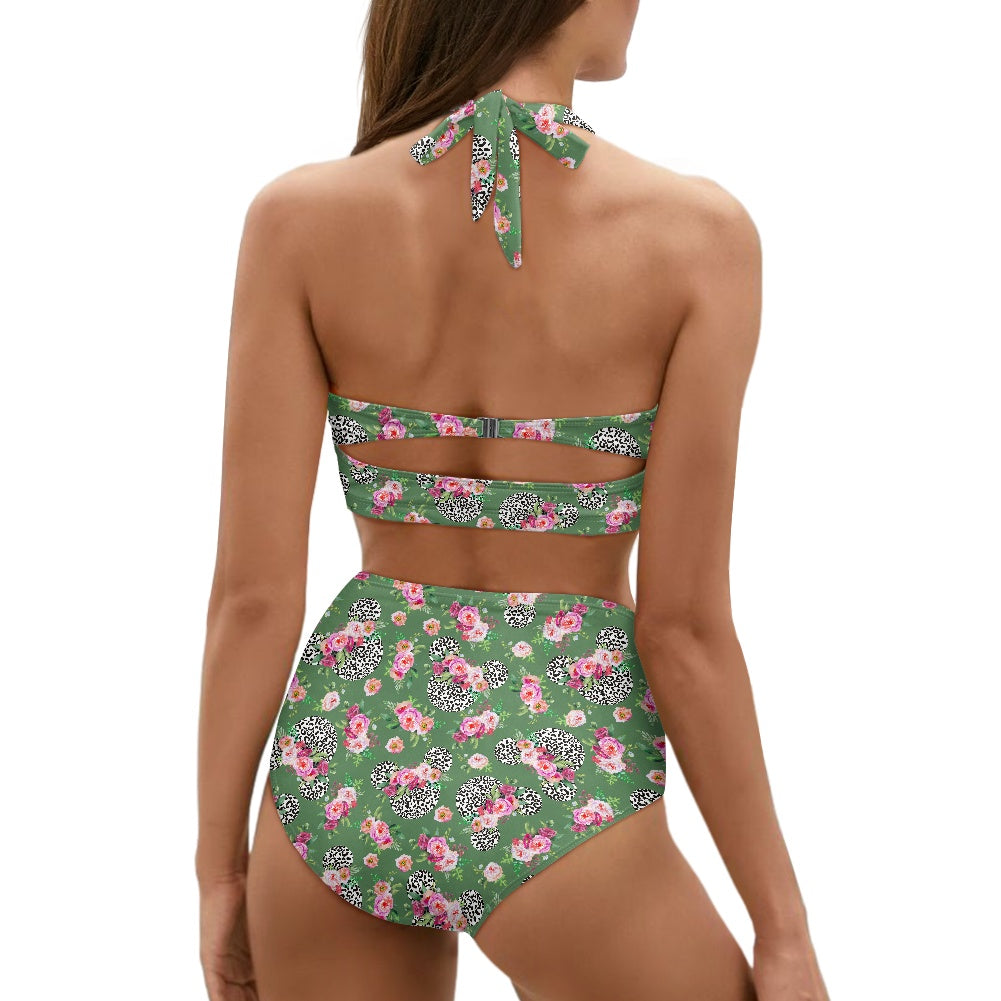Floral Cheetah Green Two-piece Swimsuit