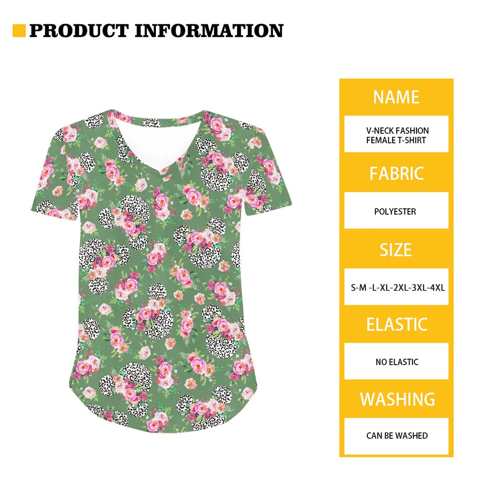Floral Cheetah Green Women's V-neck Top
