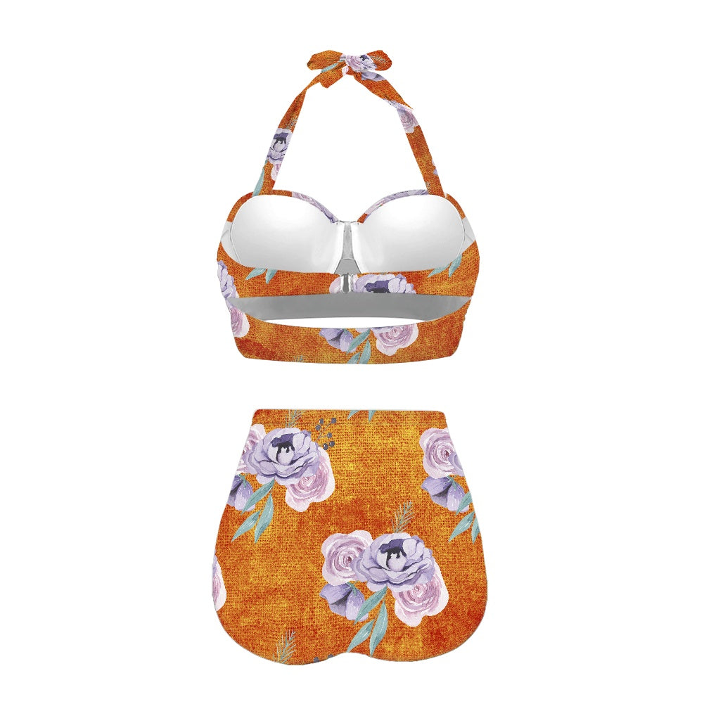 Orange and Purple Floral Two-piece Swimsuit