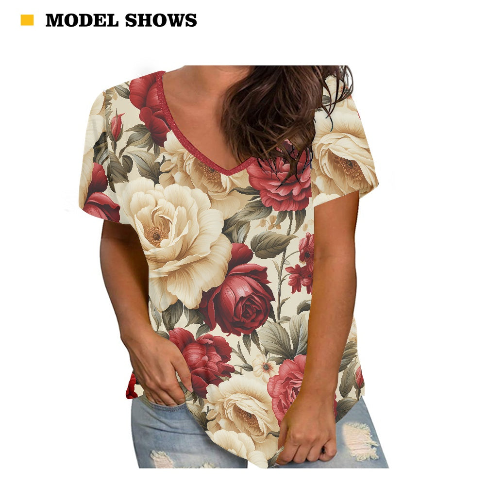 Red and White Roses Women's V-neck Top