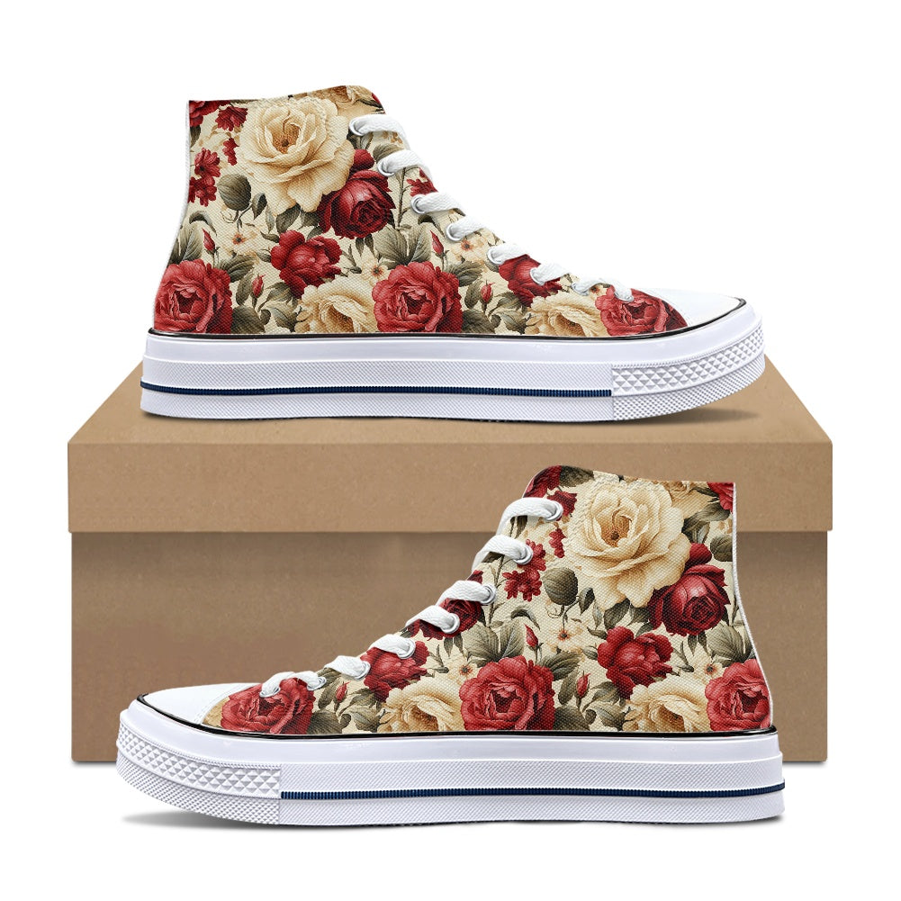 Red and White Roses High Top Canvas Shoes
