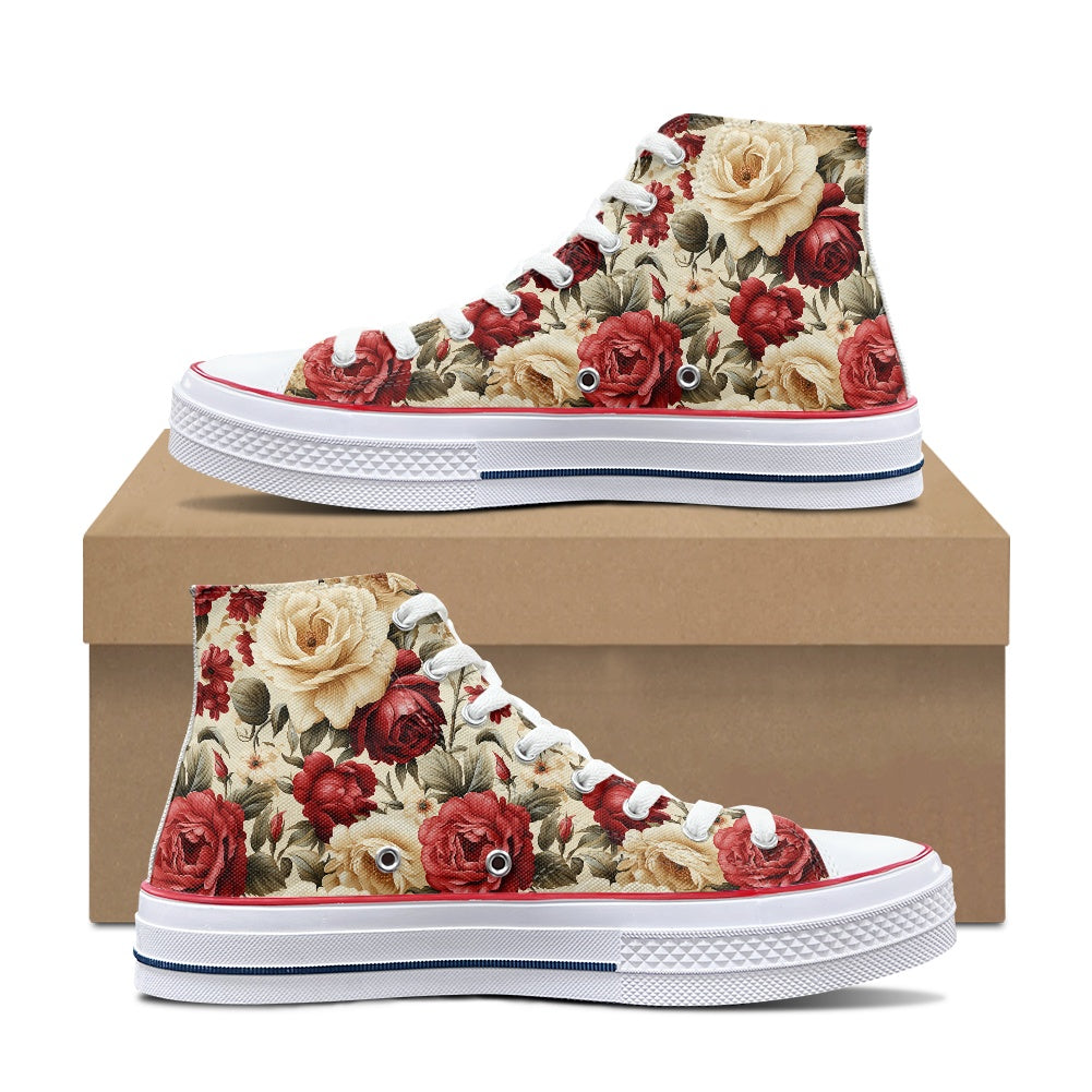 Red and White Roses High Top Canvas Shoes