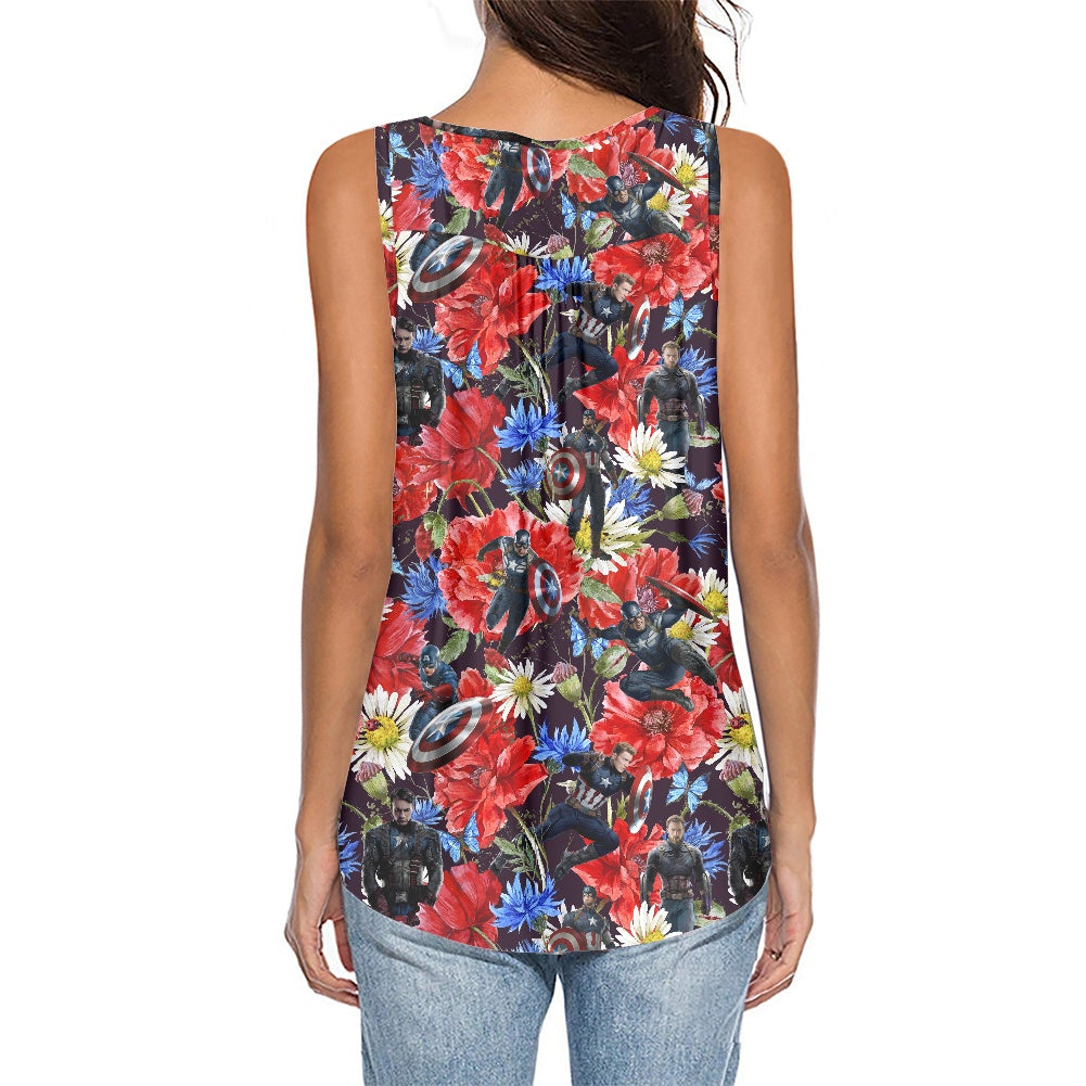 Floral Cap Women's Sleeveless V-Neck Top