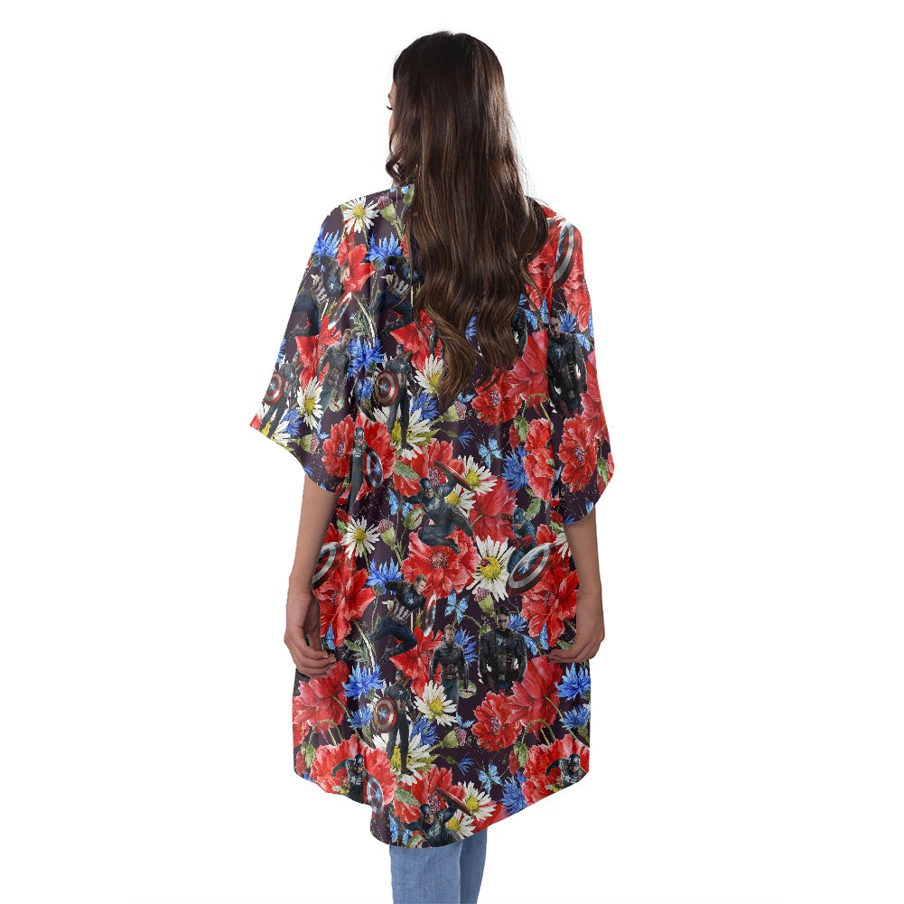 Floral Cap Women's Half Sleeve Kimono Cardigan