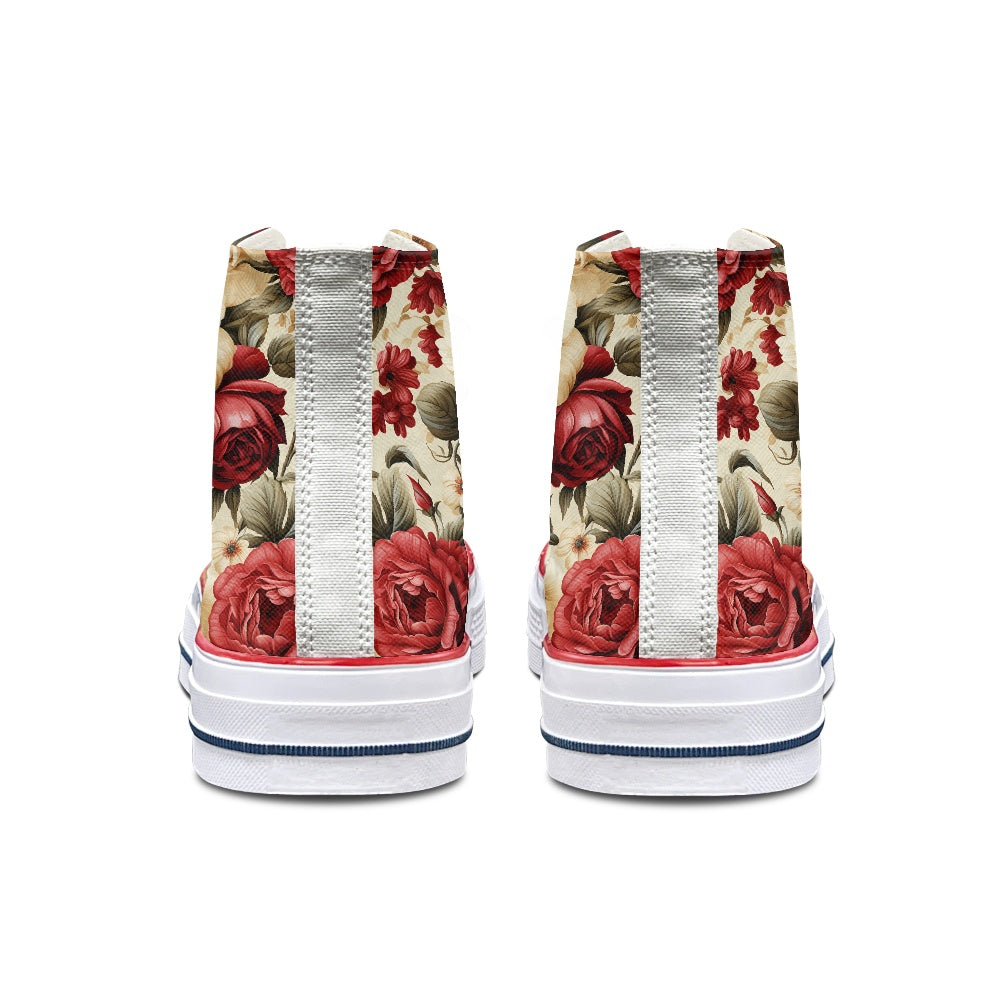 Red and White Roses High Top Canvas Shoes