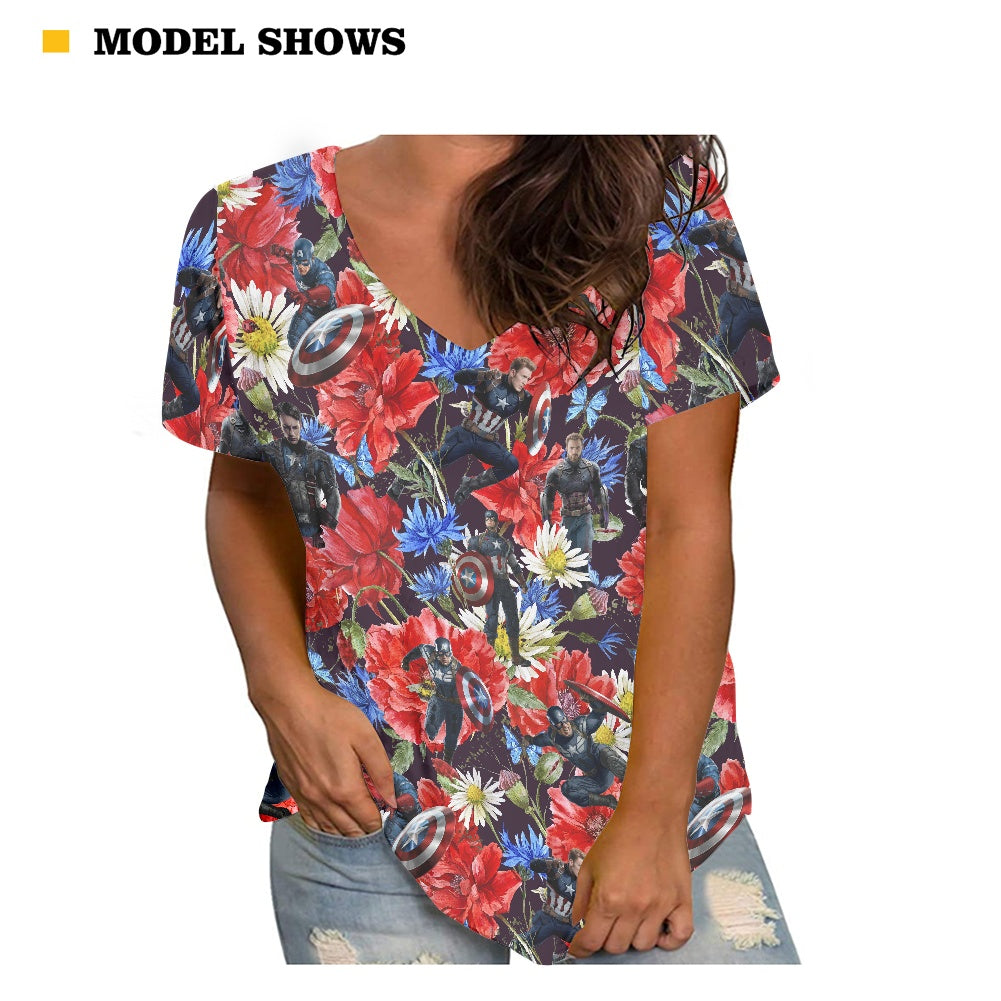 Floral Cap Women's V-neck Top