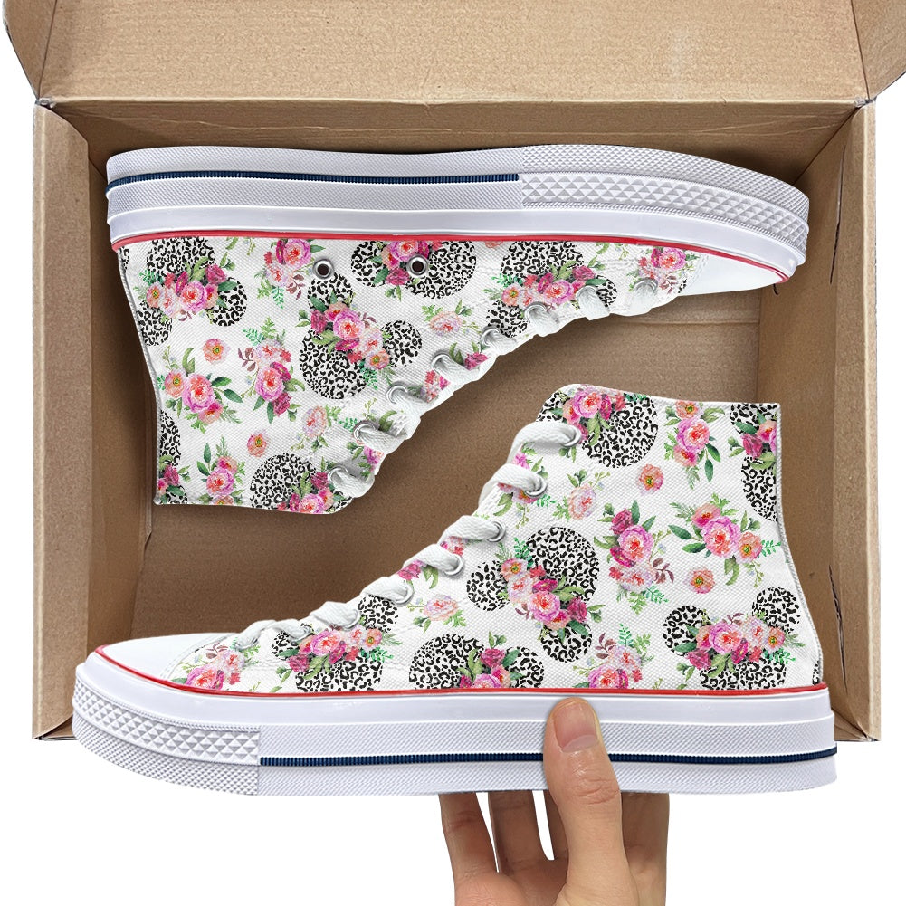 Floral Cheetah White High Top Canvas Shoes