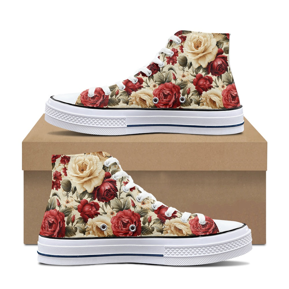 Red and White Roses High Top Canvas Shoes