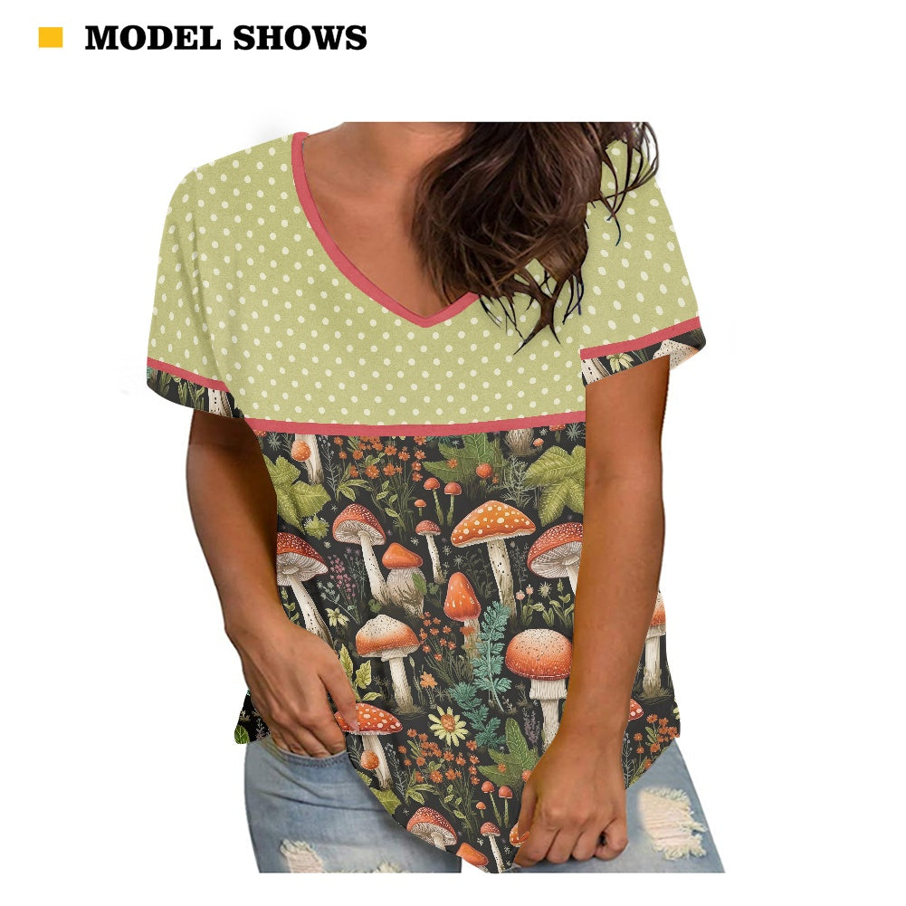 Burnt Orange Mushrooms Women's V-neck Top