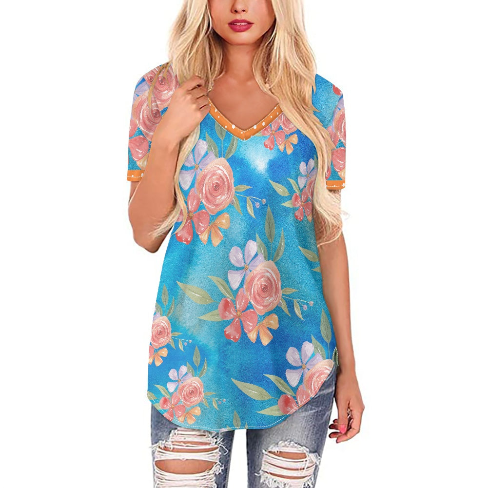 Peach Floral Women's V-neck Top
