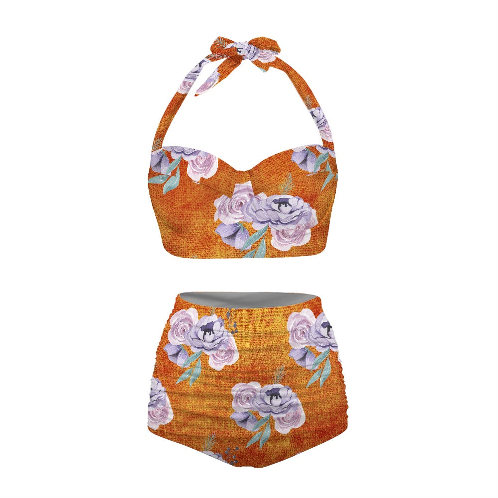 Orange and Purple Floral Two-piece Swimsuit