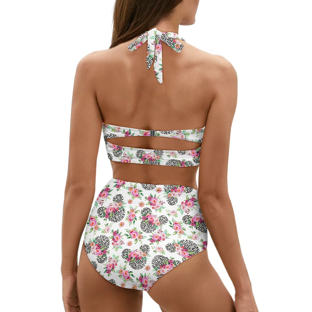 Floral Cheetah White Two-piece Swimsuit