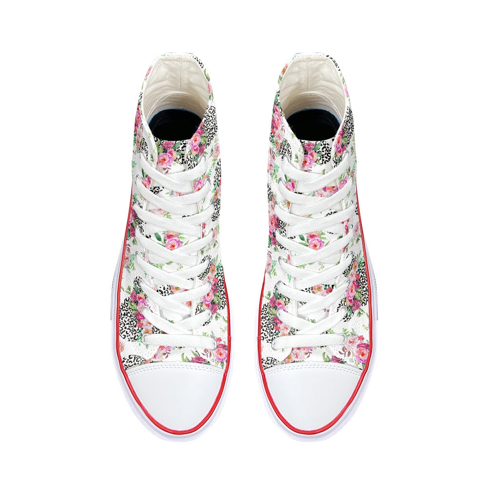 Floral Cheetah White High Top Canvas Shoes