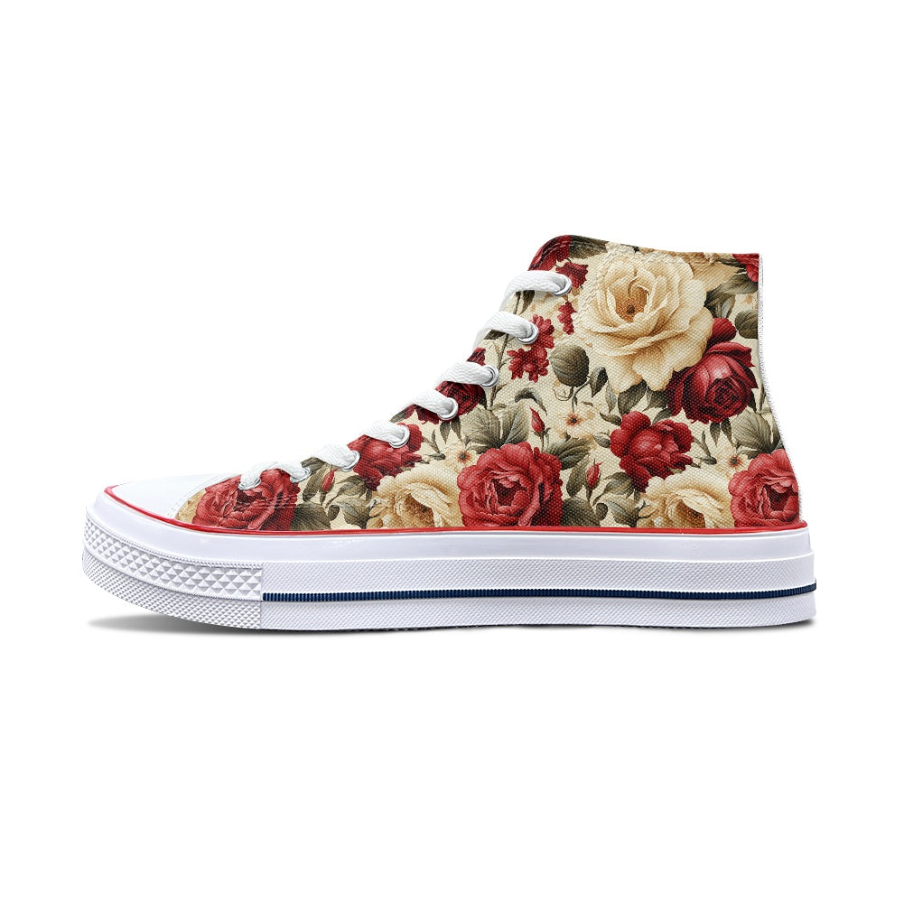 Red and White Roses High Top Canvas Shoes