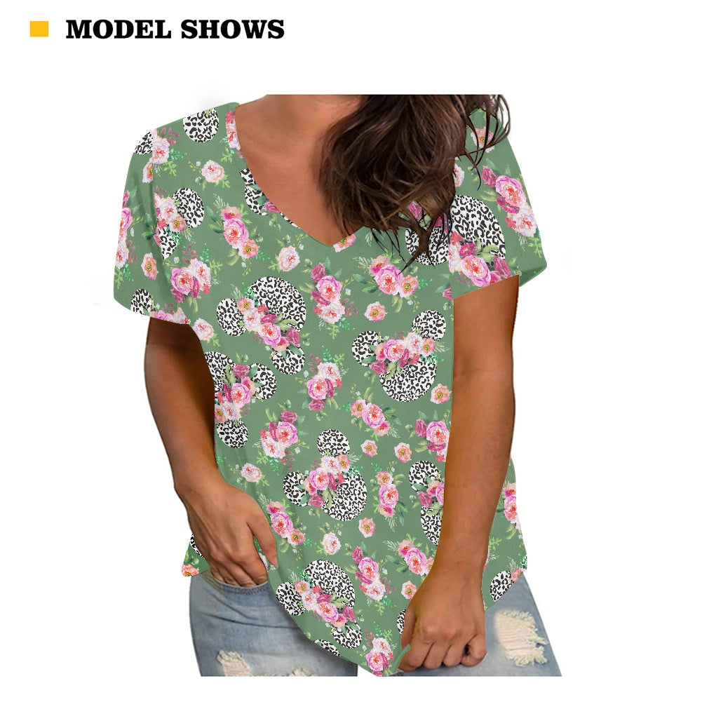Floral Cheetah Green Women's V-neck Top