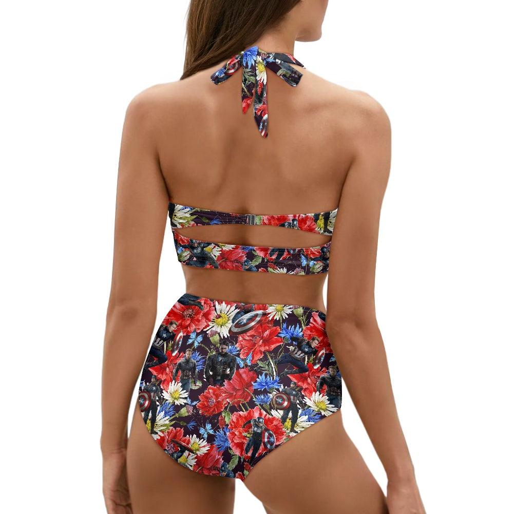 Floral Cap Two-piece Swimsuit