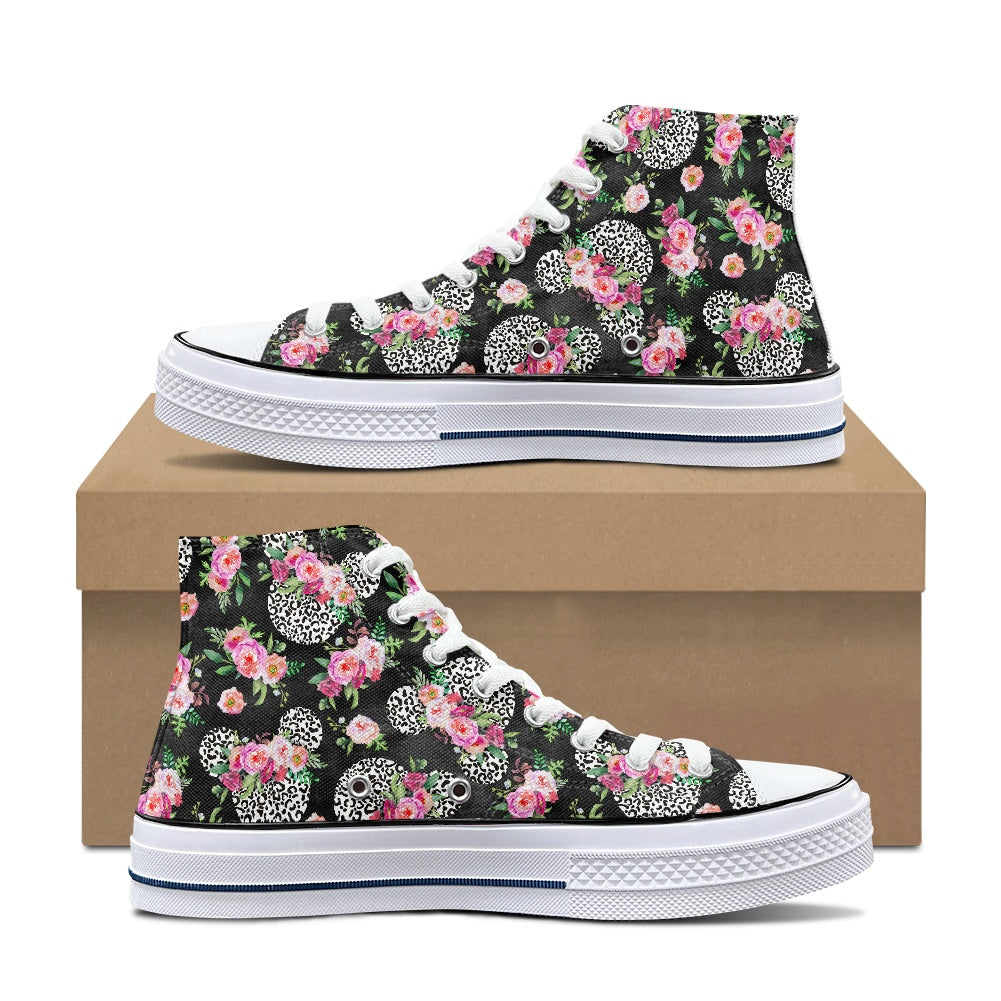 Floral Cheetah Black High Top Canvas Shoes