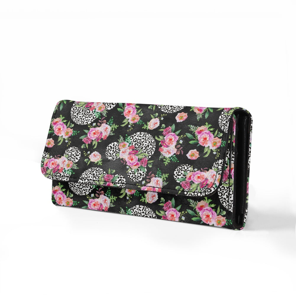 Floral Cheetah Black Long Folding Wallet