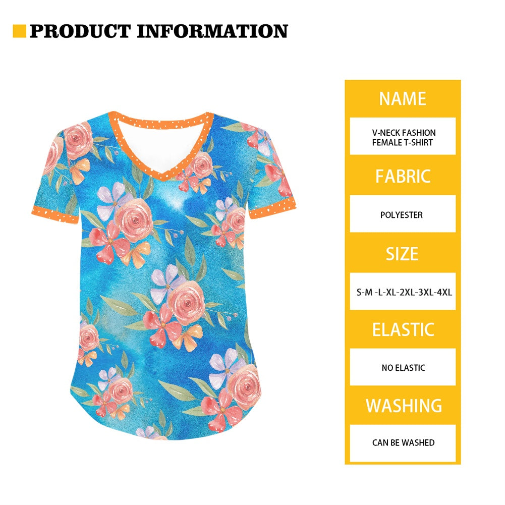 Peach Floral Women's V-neck Top