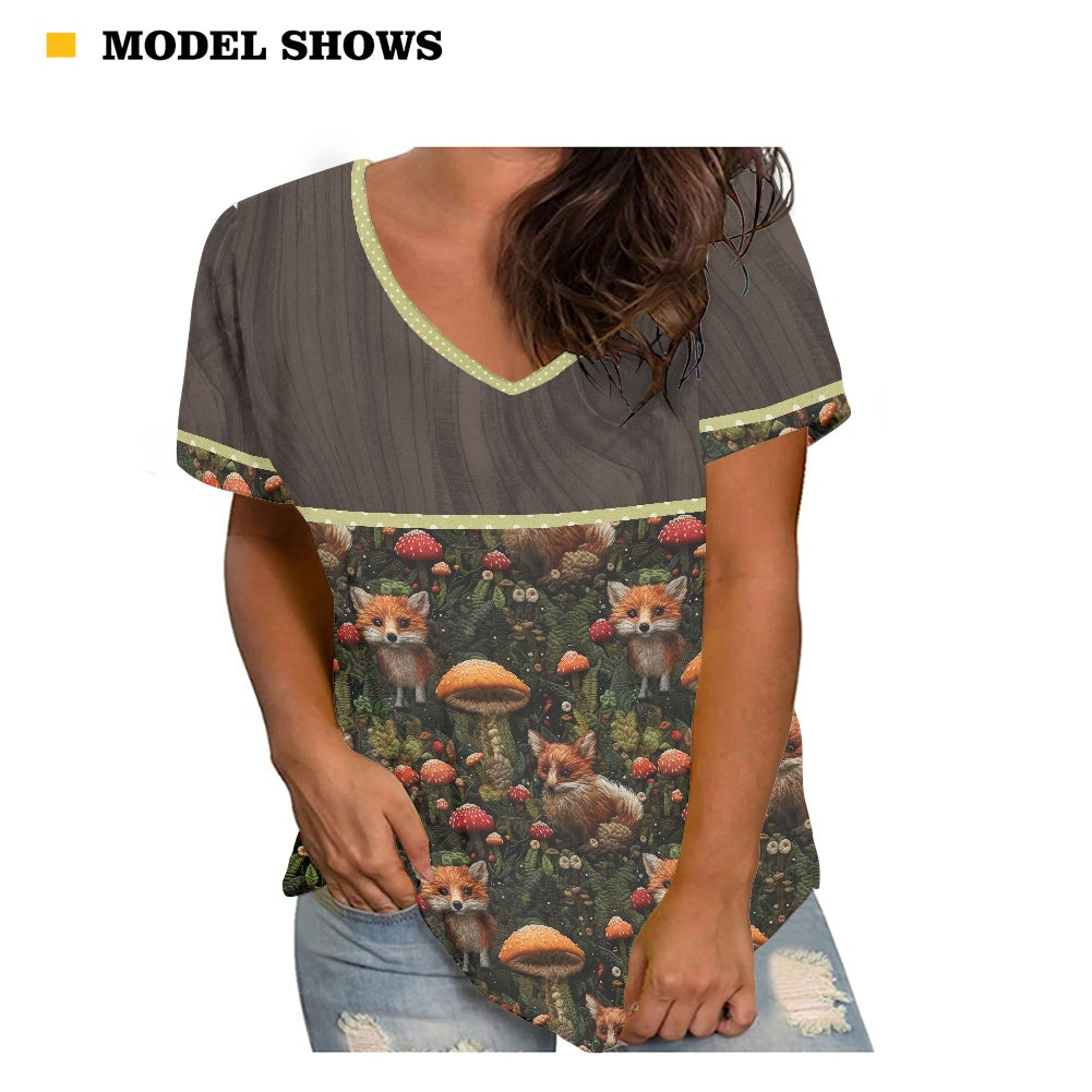 Fox and Mushrooms
 Women's V-neck Top