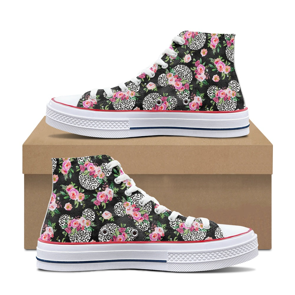 Floral Cheetah Black High Top Canvas Shoes