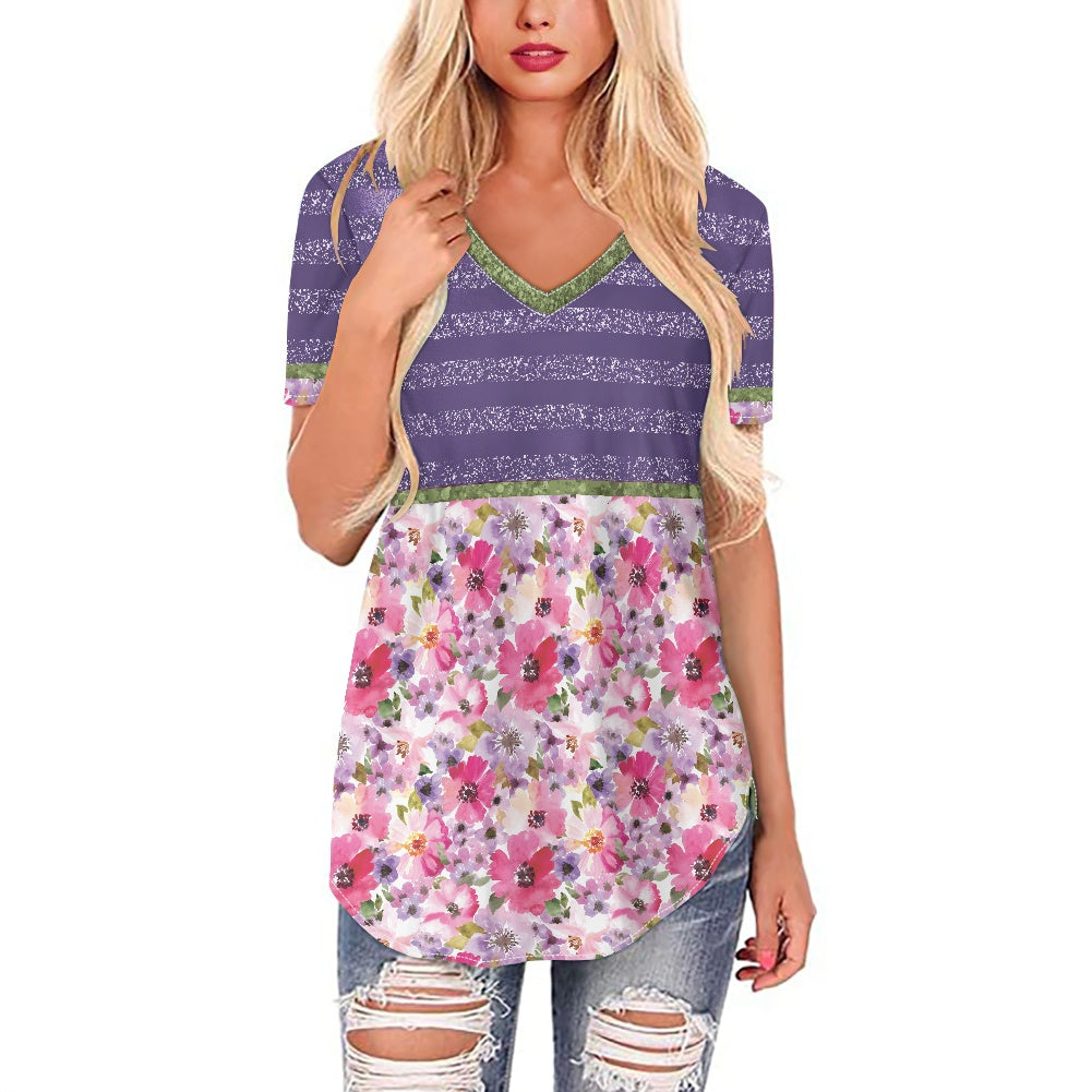 Purple Floral Women's V-neck Top