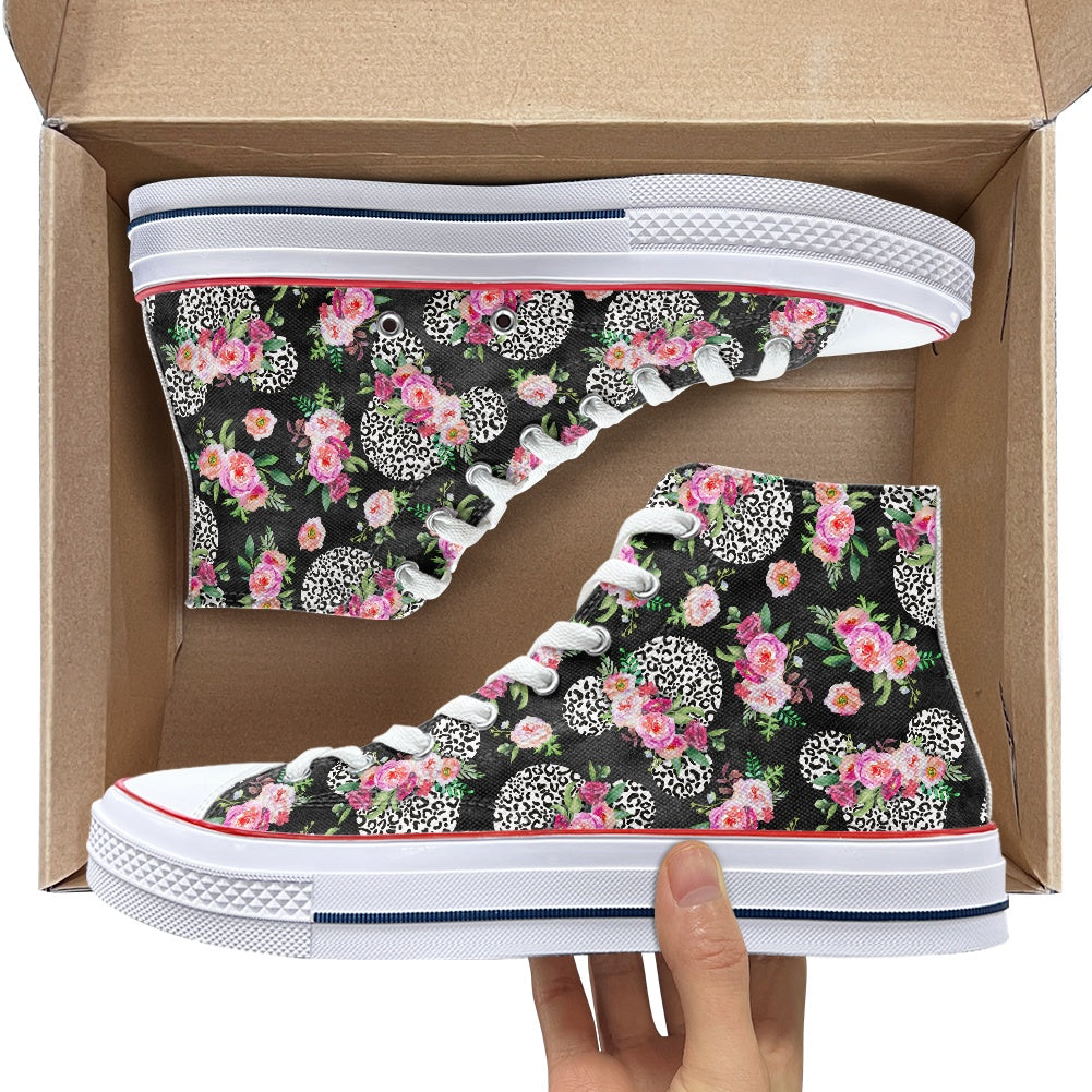 Floral Cheetah Black High Top Canvas Shoes