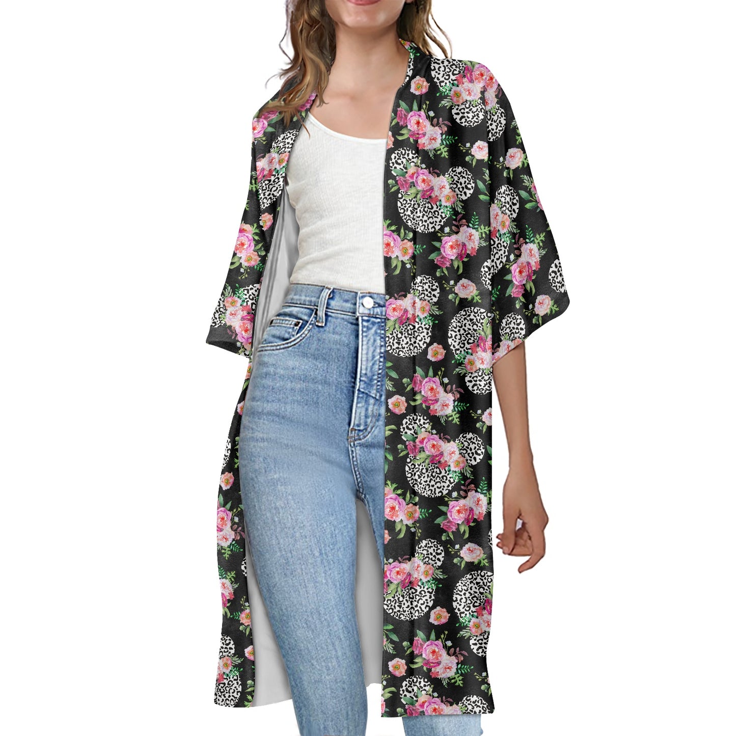 Floral Cheetah Black Women's Half Sleeve Kimono Cardigan