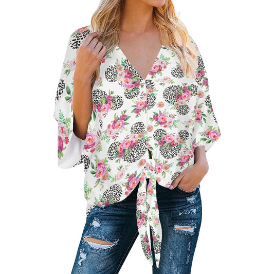 Floral Cheetah White Women‘s’ V-neck Streamers Blouse