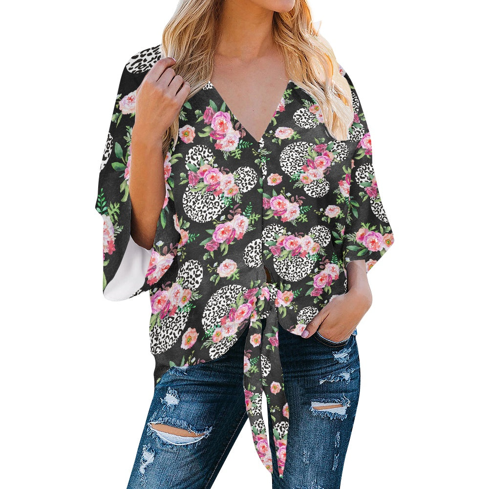 Floral Cheetah Black Women‘s’ V-neck Streamers Blouse