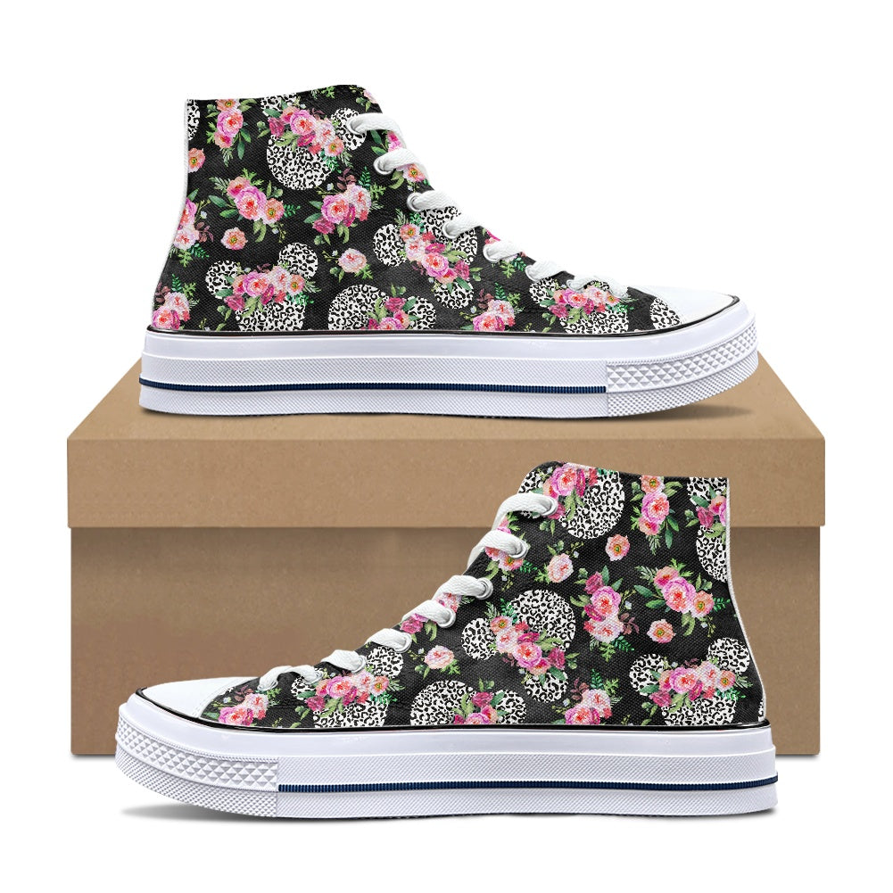 Floral Cheetah Black High Top Canvas Shoes