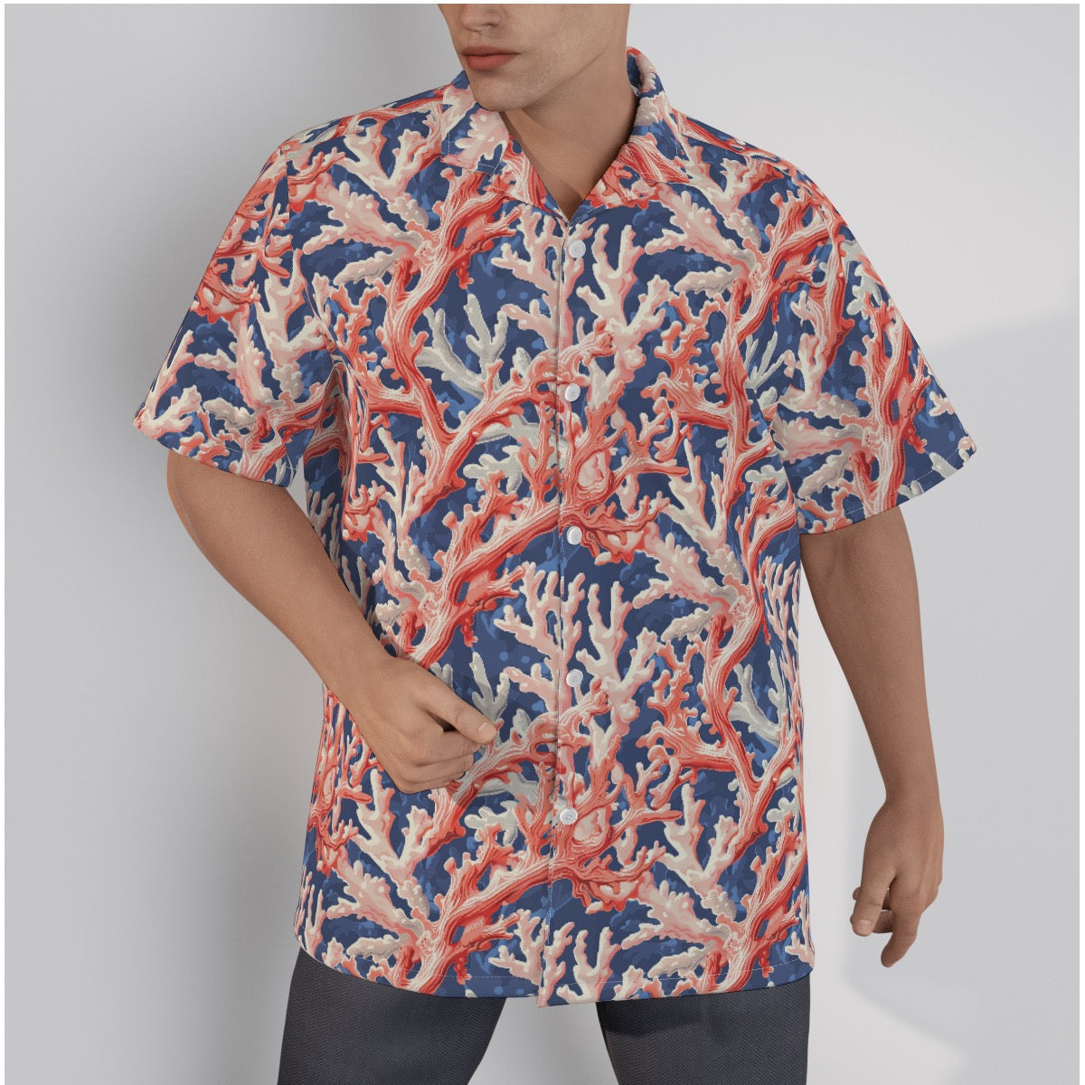 Coral Men's Hawaiian Shirt With Button Closure