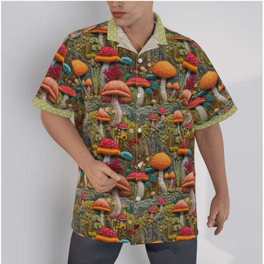 Stitched Mushrooms Men's Hawaiian Shirt With Button Closure