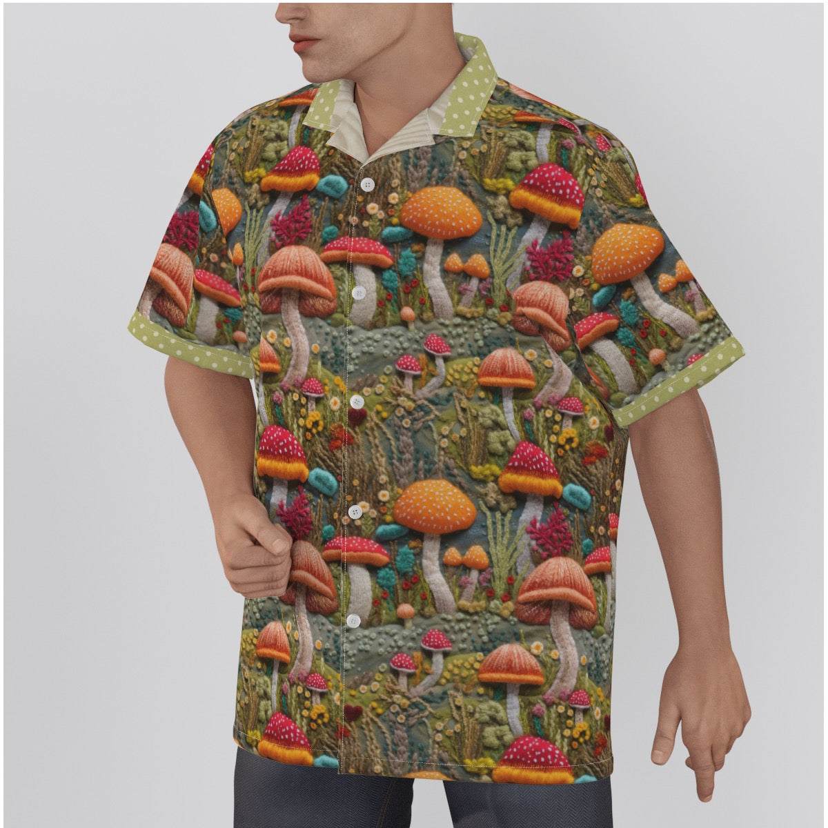 Stitched Mushrooms Men's Hawaiian Shirt With Button Closure