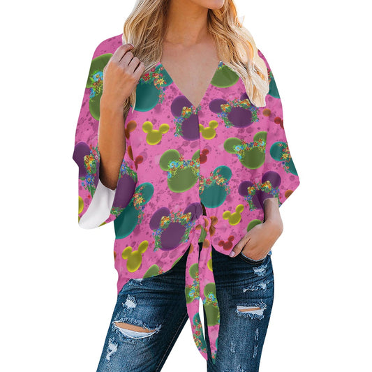 Neon Floral Ears Women‘s’ V-neck Streamers Blouse