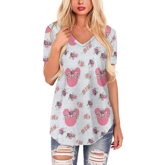 Pink Floral Crown Women's V-neck Top