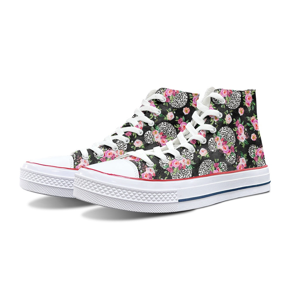 Floral Cheetah Black High Top Canvas Shoes