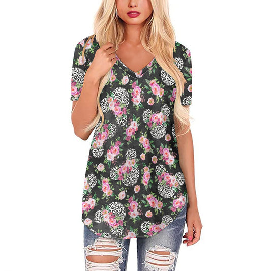 Floral Cheetah Black Women's V-neck Top