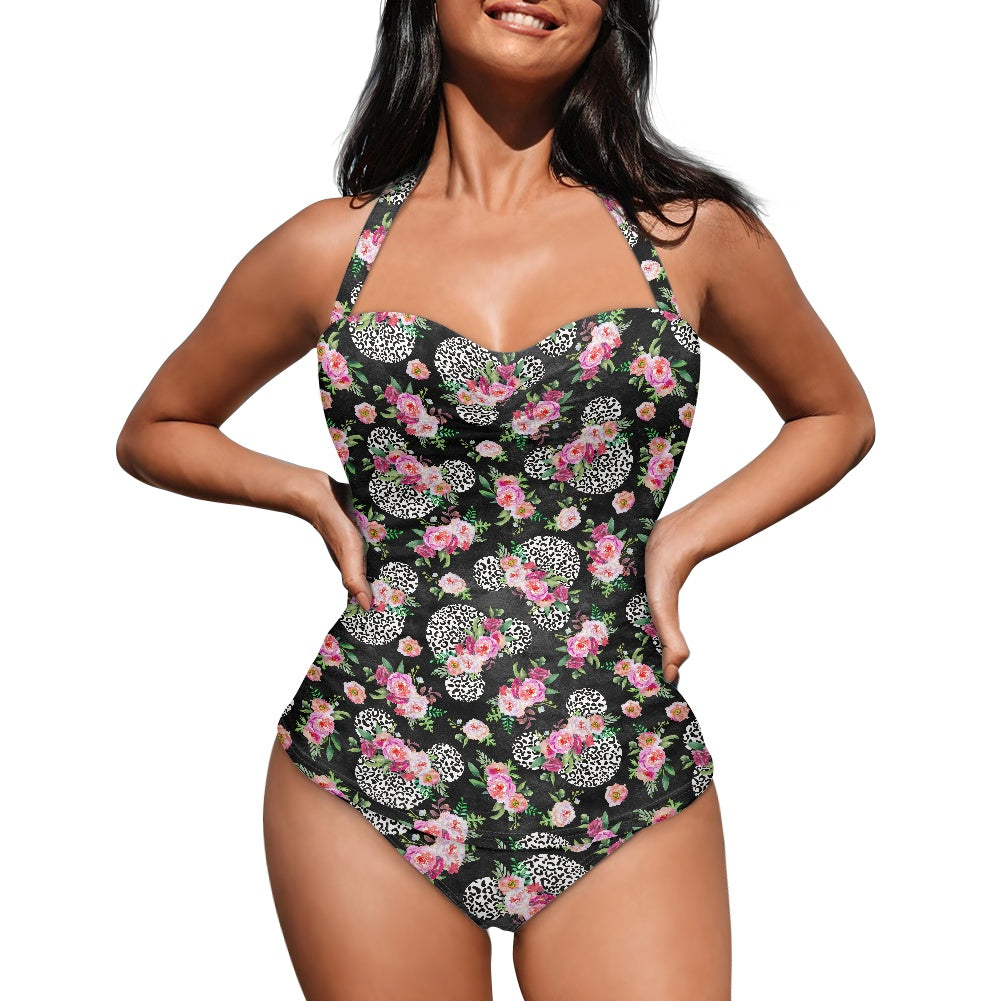 Floral Cheetah Black Strappy one piece