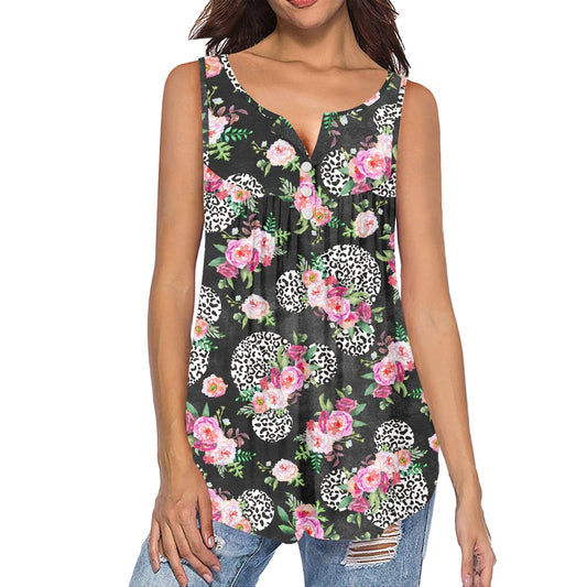 Floral Cheetah Black Women's Sleeveless V-Neck Top