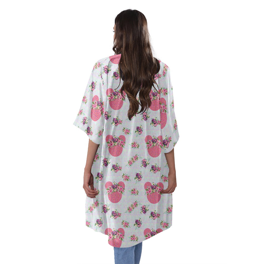 Pink Floral Crown Women's Half Sleeve Kimono Cardigan