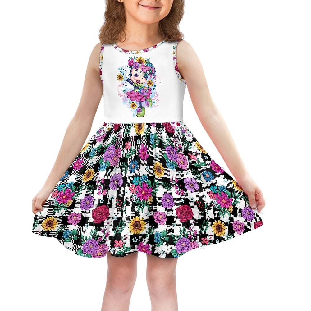 Floral Plaid Polyester Girl's Dress with Pockets