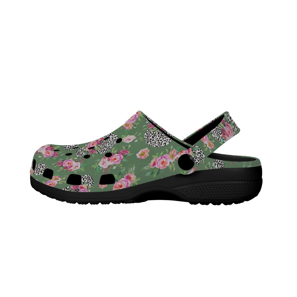 Floral Cheetah Green Adult Crocs Black Sole