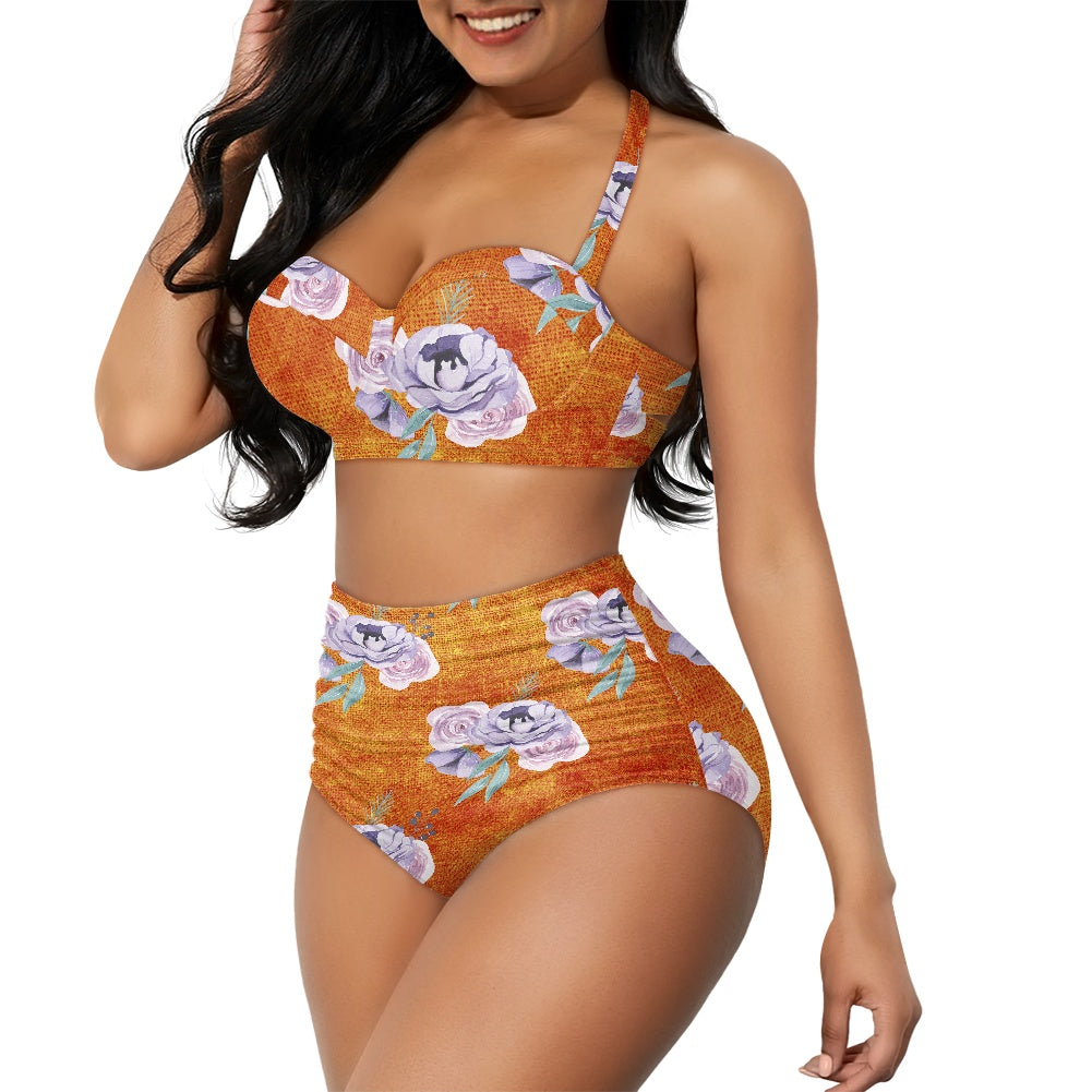 Orange and Purple Floral Two-piece Swimsuit