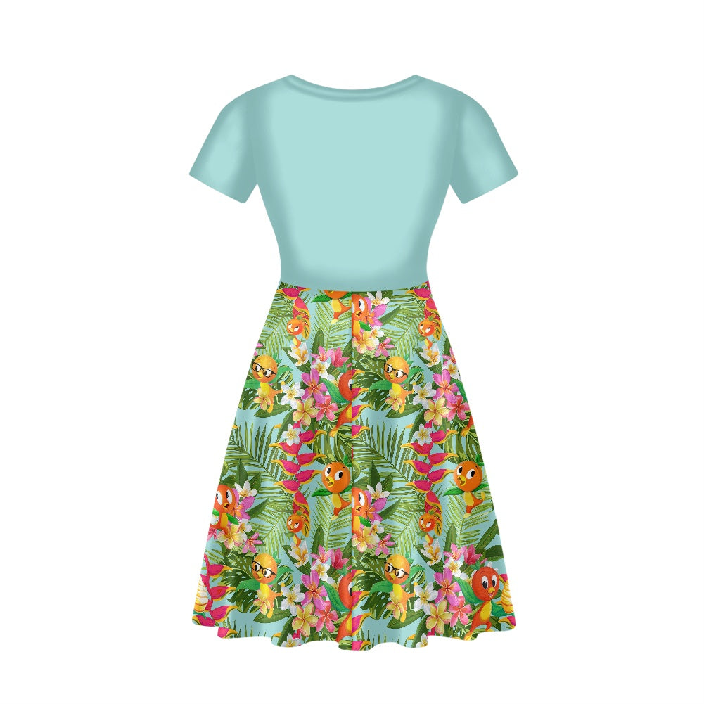 Tropical Orange Bird Women short Sleeve Ruffle Dress