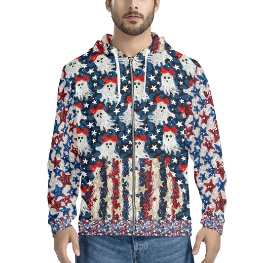 Patriotic Ghost Sparkle Full Print Zip Hooded Hoodie