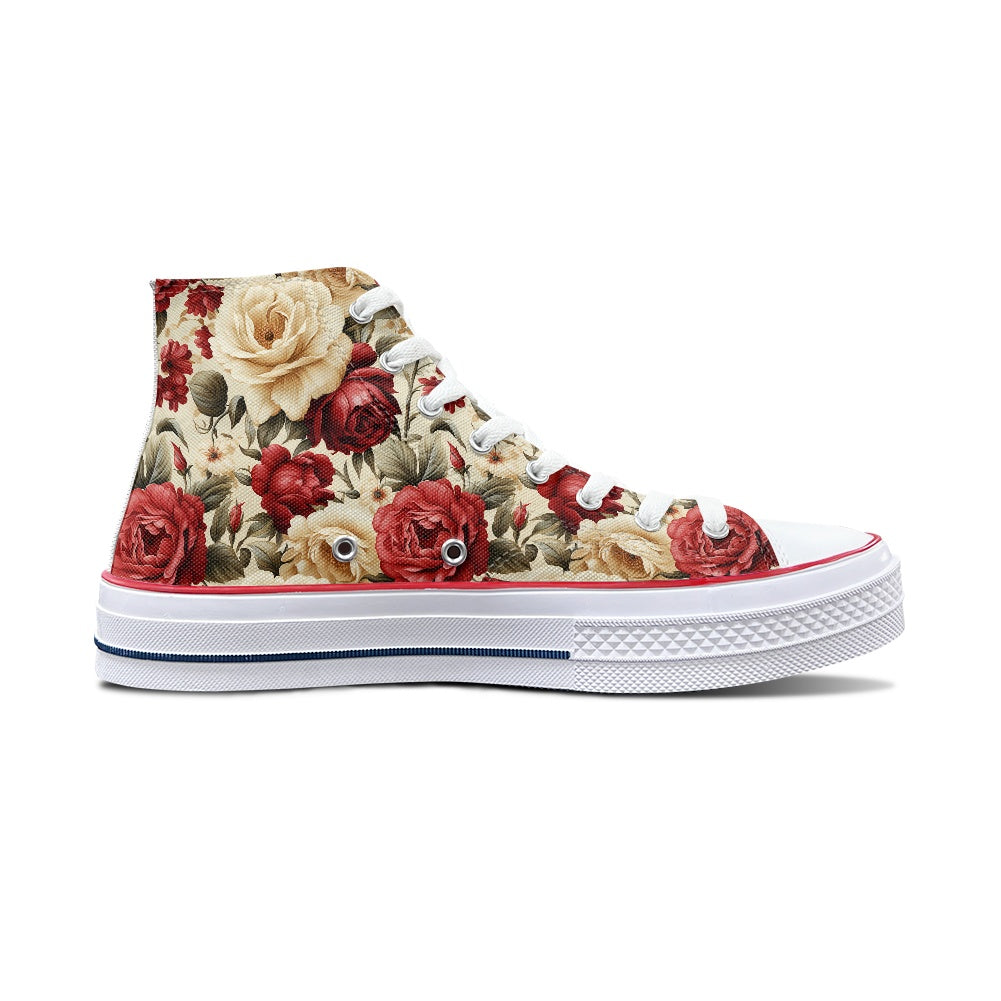 Red and White Roses High Top Canvas Shoes