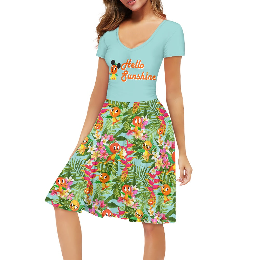 Tropical Orange Bird Women short Sleeve Ruffle Dress