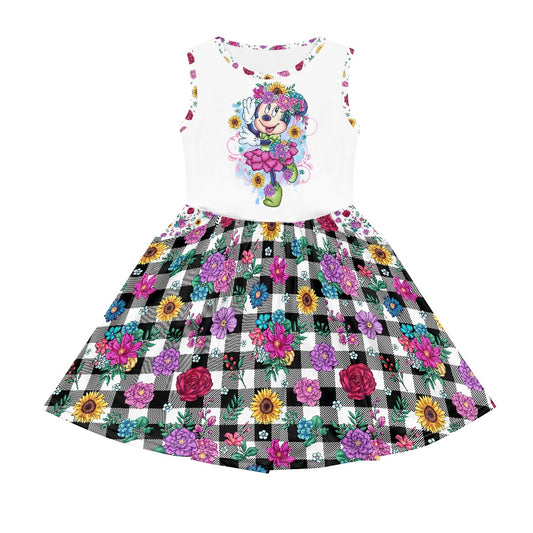 Floral Plaid Polyester Girl's Dress with Pockets